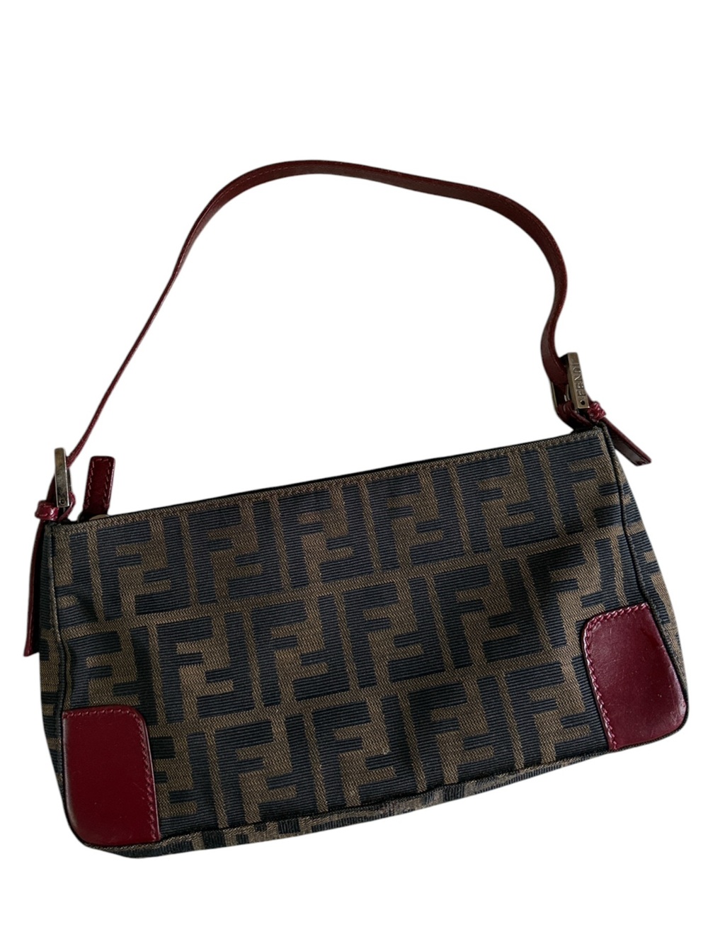 Fendi Zucca FF Monogram Pochette Canvas & Leather Burgundy Shoulder Baguette Bag - Picture 5 of 8